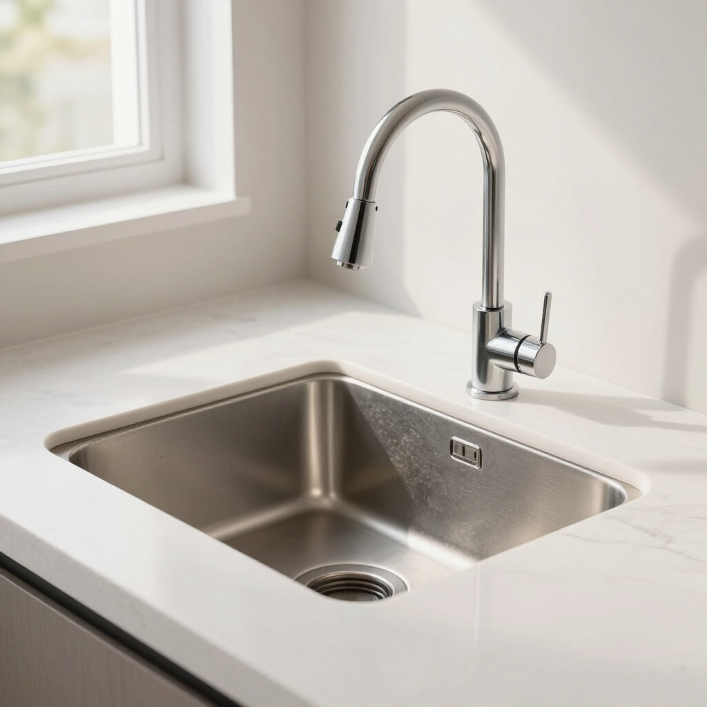 Stainless steel kitchen sink with tall chrome faucet in a bright white countertop by a window