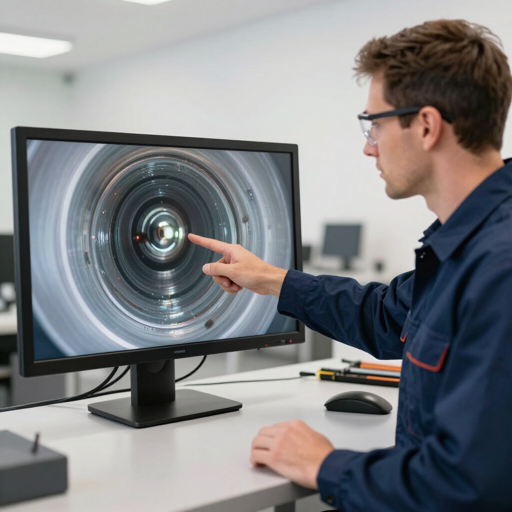 Technician pointing at a camera lens image on a computer monitor in an office lab