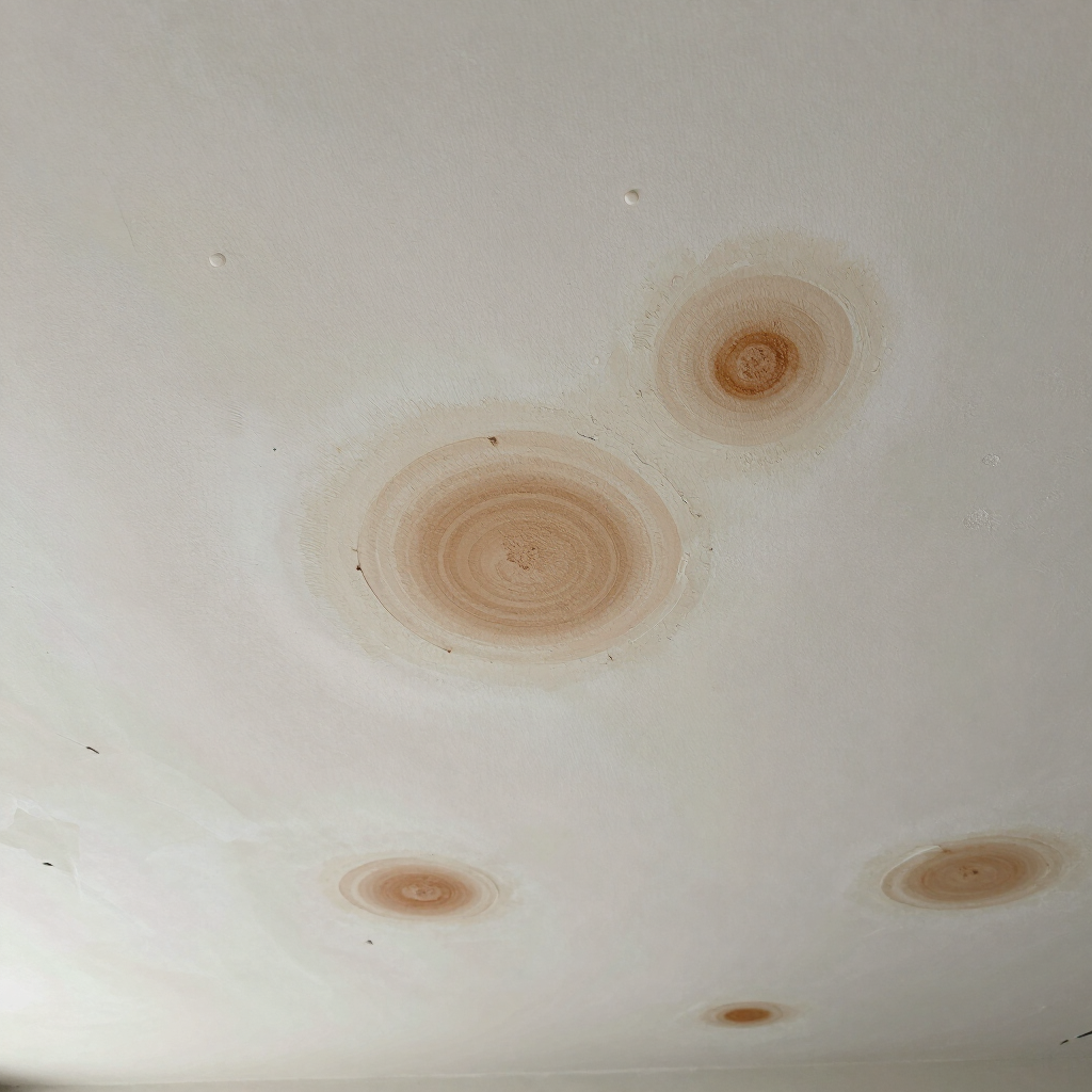 Ceiling with several brown water stains and circular discoloration spots