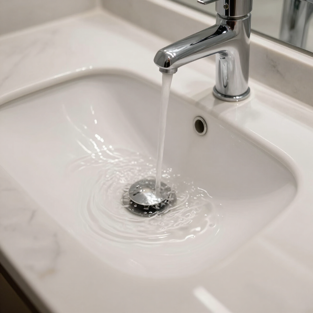Chrome faucet running water into a white sink basin
