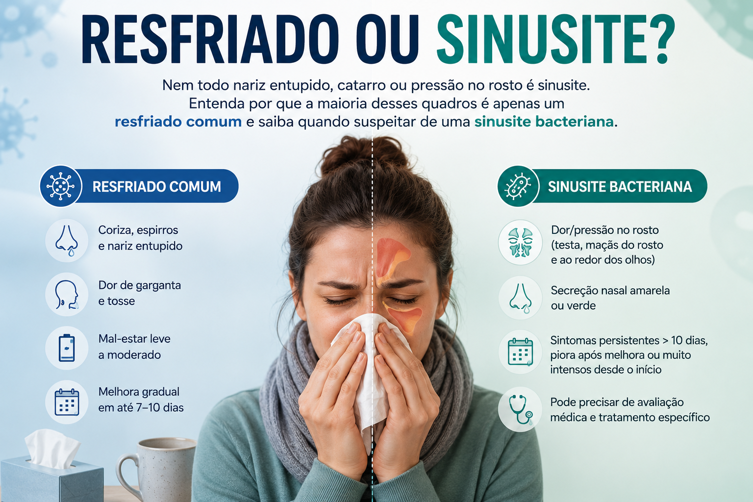 uma mesma mulher paciente que de um lado está com sinusite e tem escrito os sintomas e do outro lado está com resfriado