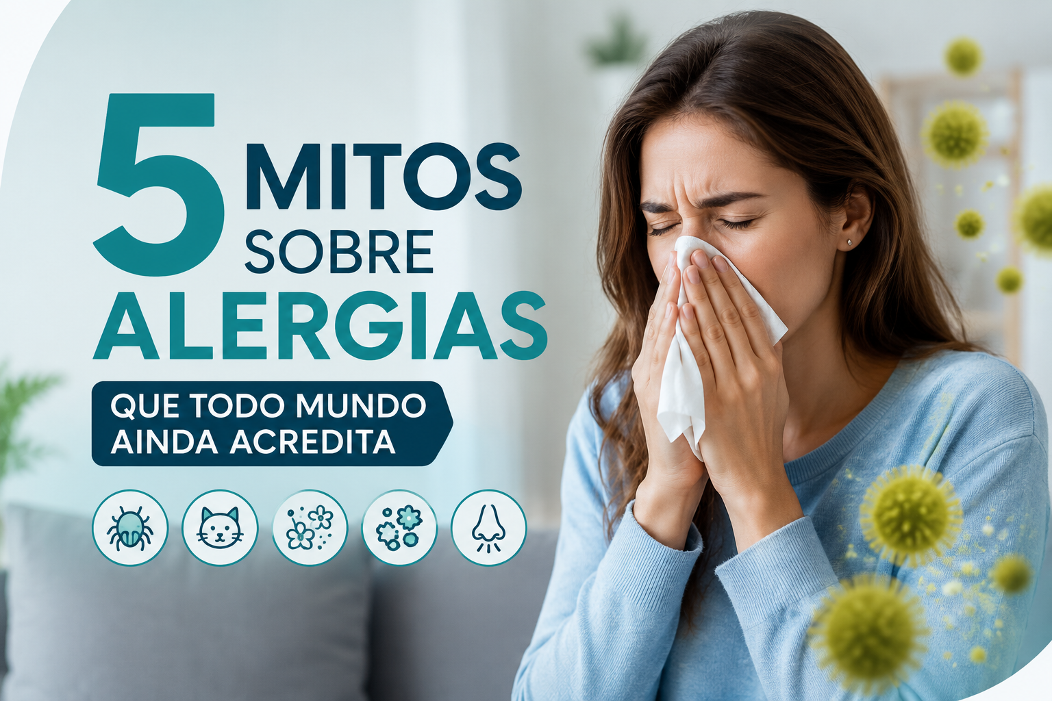 Ilustração de uma mulher com sintomas de alergia respiratória, como espirros e congestão nasal.