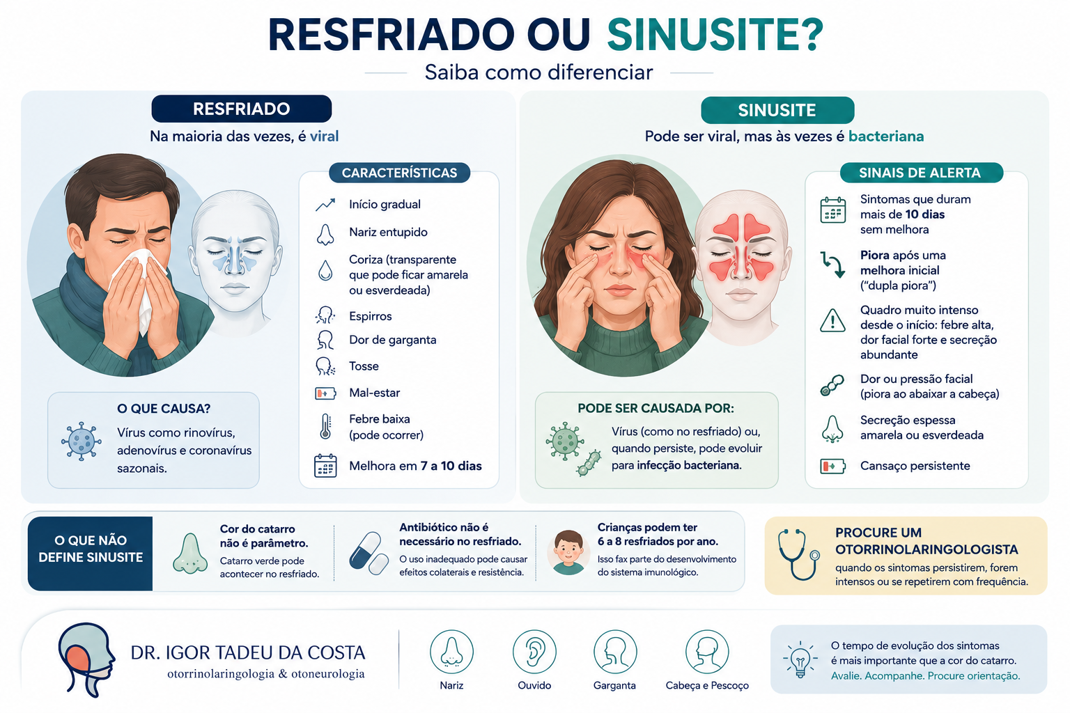 Infográfico médico comparando resfriado e sinusite. À esquerda, a seção 