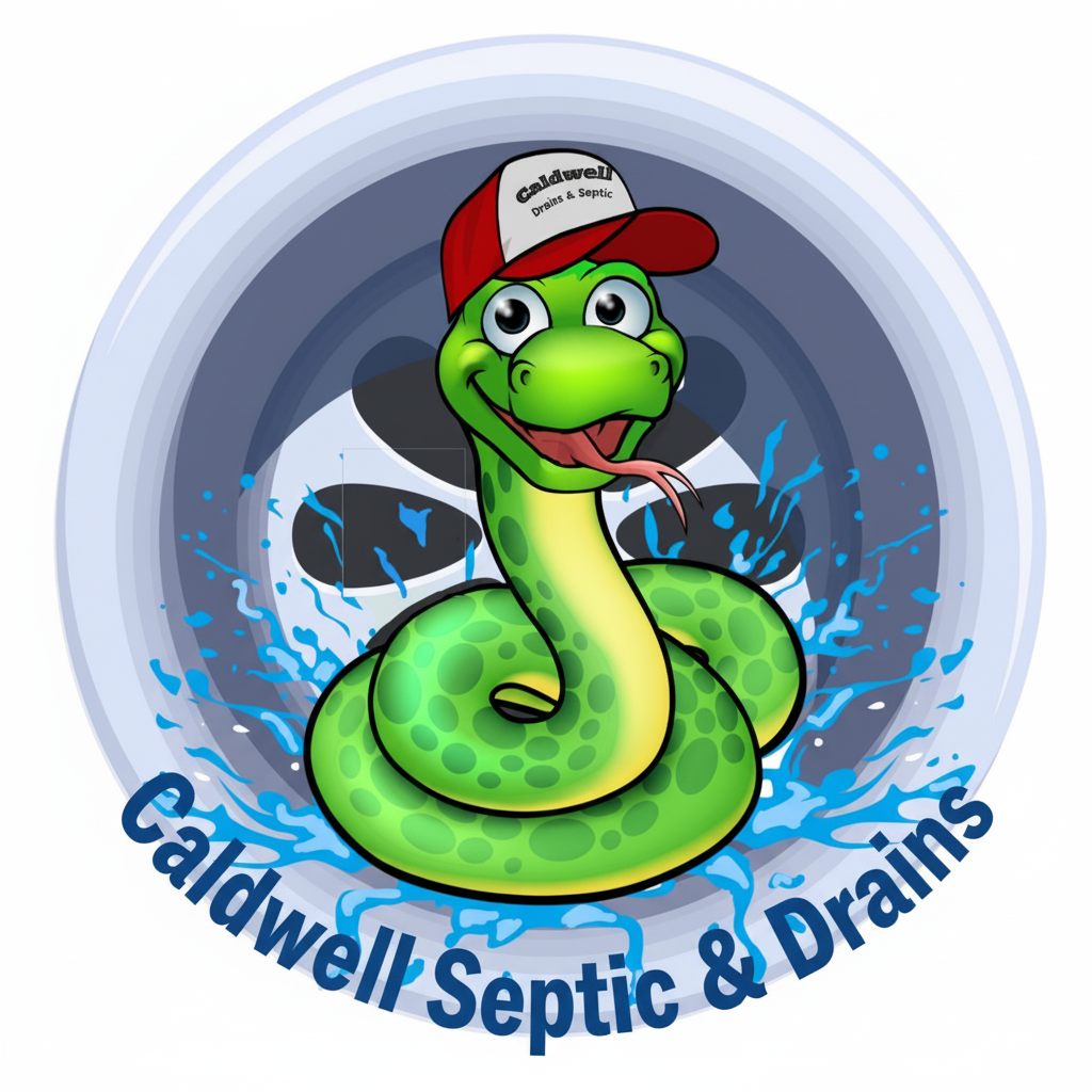 Cartoon green snake in red cap, logo for Caldwell Septic & Drains.
