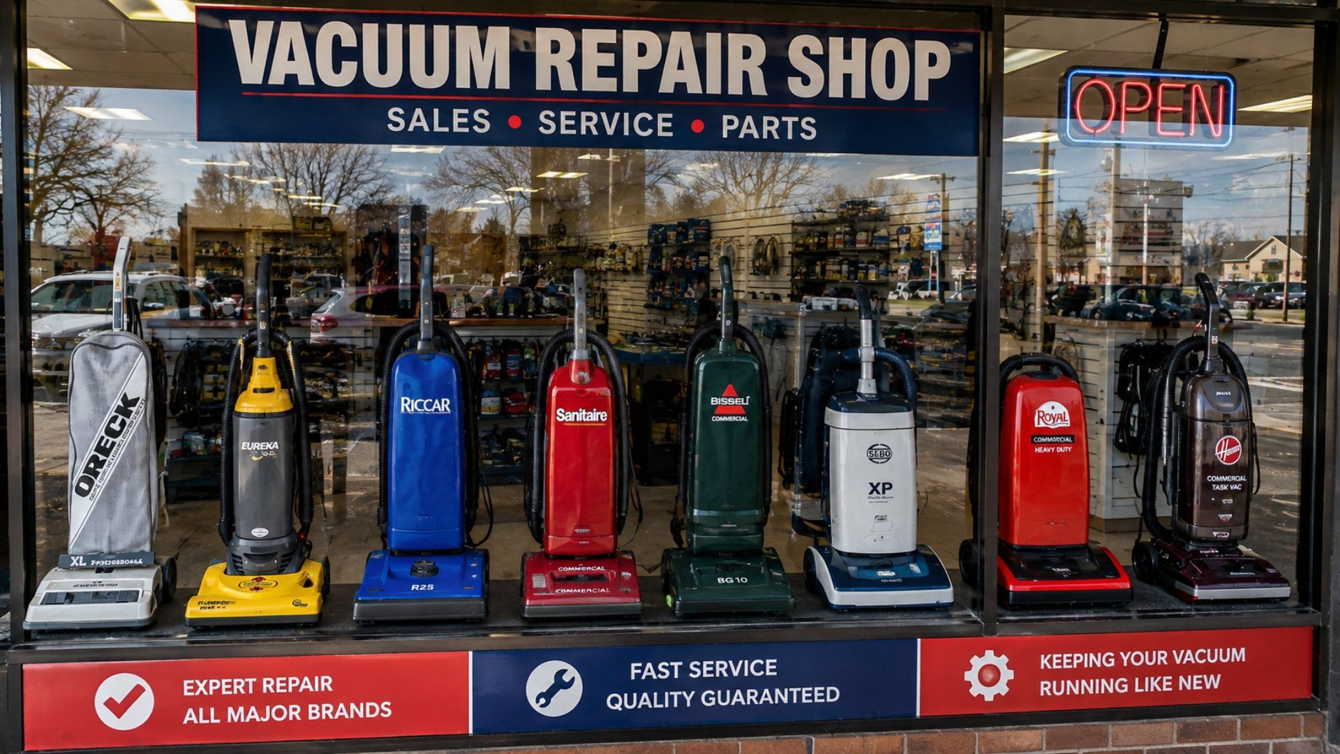 Vacuum repair shop storefront with rows of upright vacuums and an OPEN sign in the window