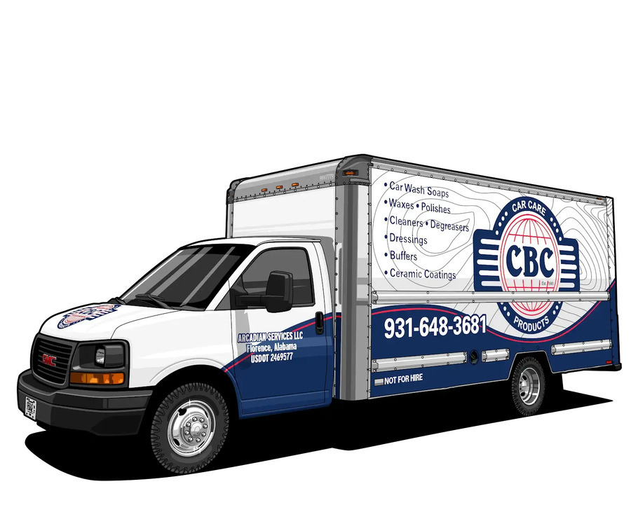 White and blue CBC moving box truck with company logo and phone number on the side