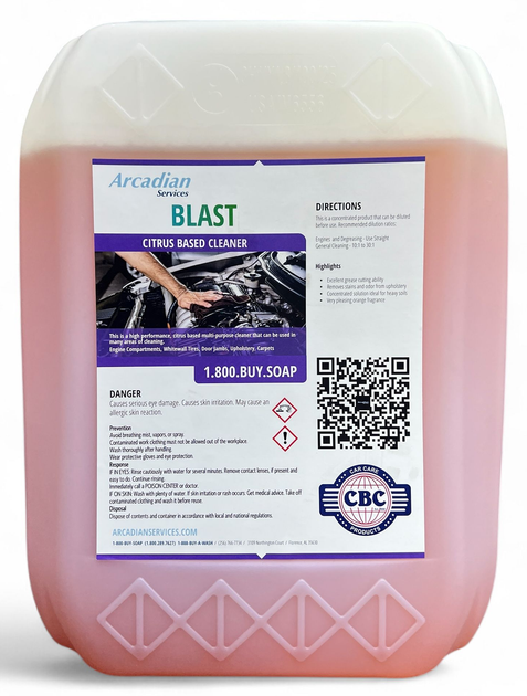Pink liquid chemical jug labeled “BLAST” with QR code and CBC logo