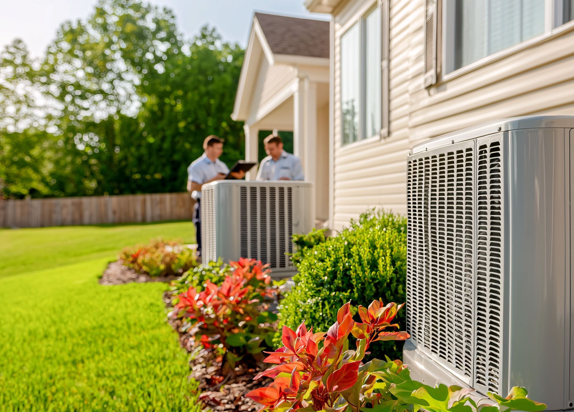 Residential HVAC units with technicians performing an HVAC contractor inspection and service call