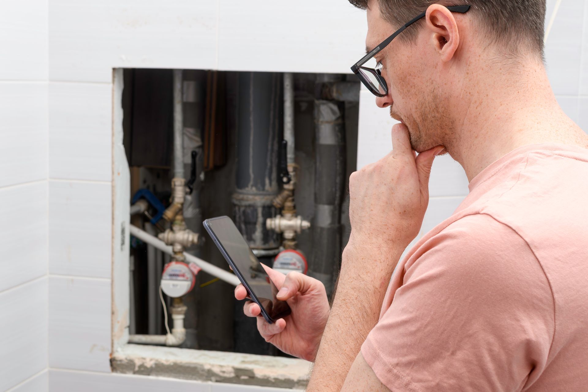 Homeowner using a smartphone to search for a local plumber while inspecting a residential utility and pipe system Homeowner using a smartphone to search for a local plumber while inspecting a residential utility and pipe system