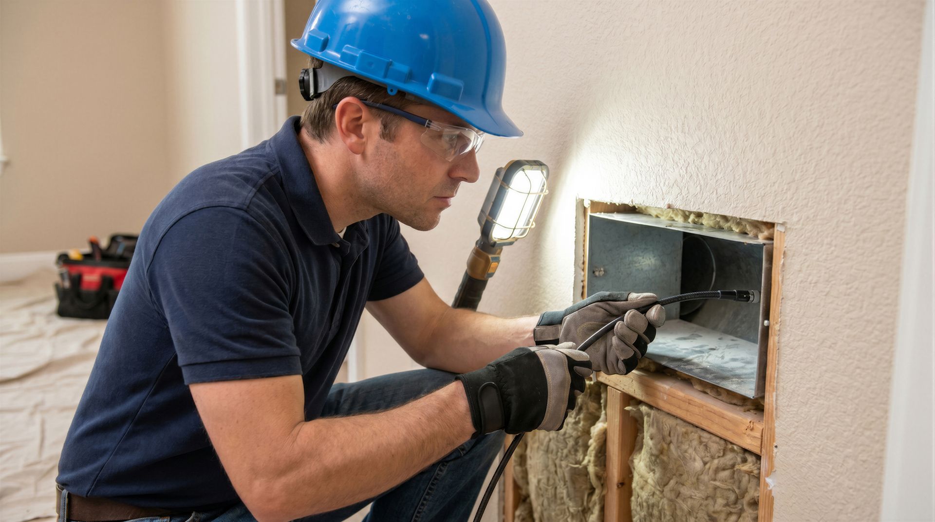 HVAC technician in hard hat and safety glasses inspecting ductwork inside a residential wall with a 