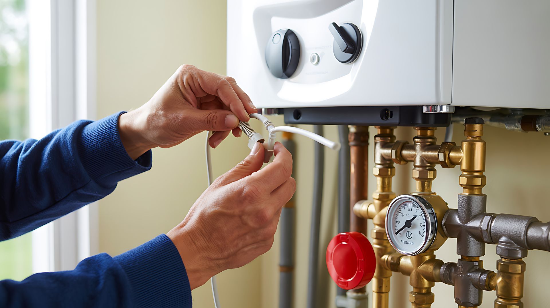 Heating contractor servicing a residential boiler system with brass valves and pressure gauge