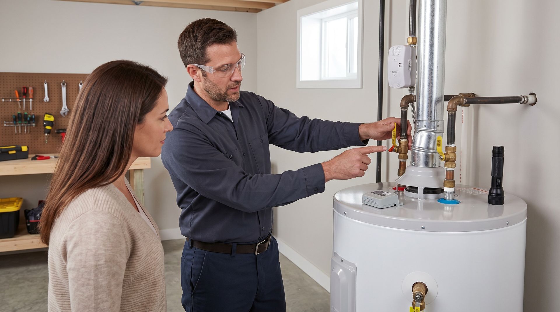 Residential heating contractor explaining a water heater system to a homeowner during a service cons