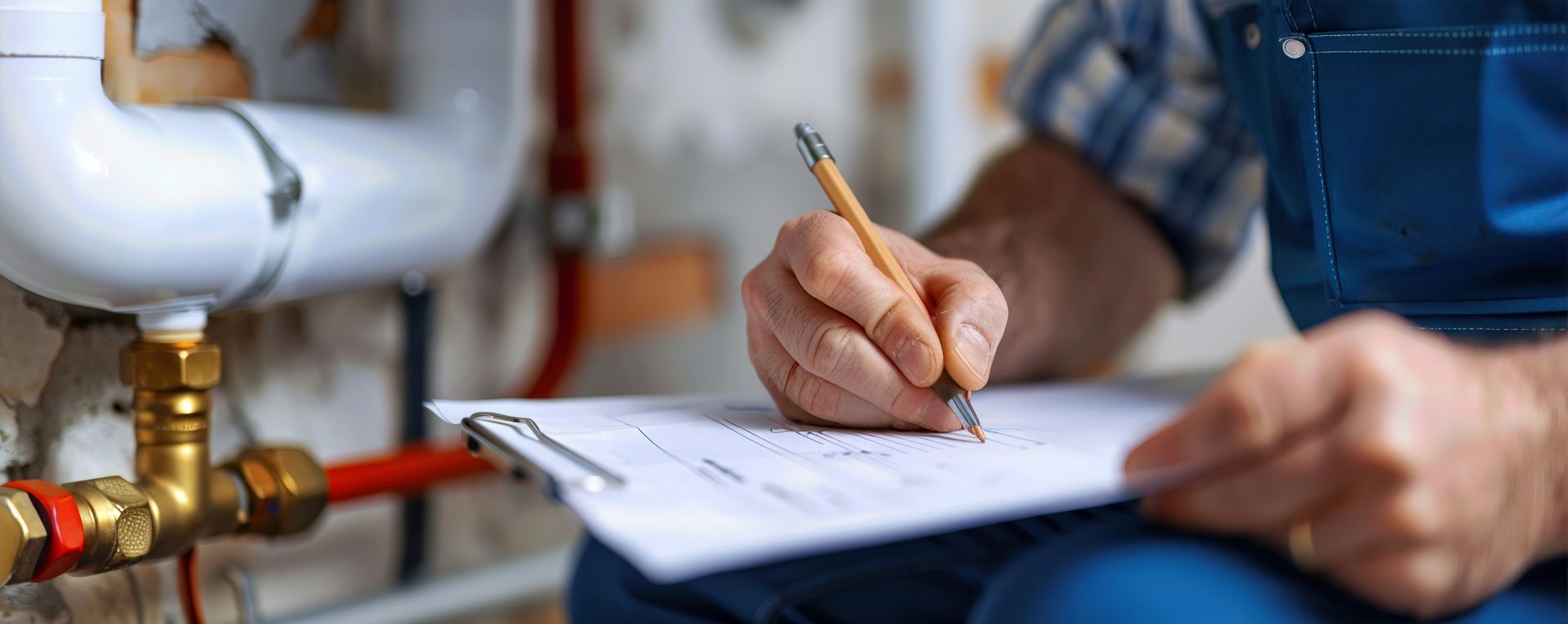 Plumber in work uniform completing a service checklist on a clipboard next to residential pipe fittings and valves