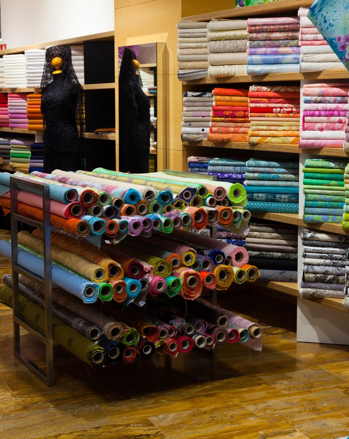 A store filled with rolls of fabric and a mannequin.