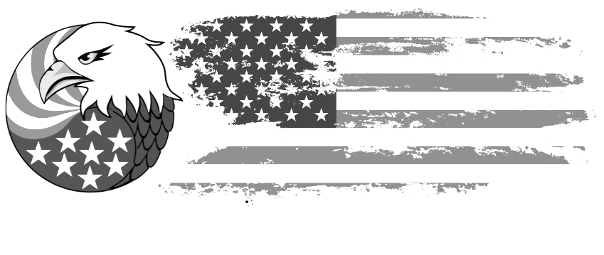 Stylized eagle and globe with US flag stripes in grayscale and blue-red tones