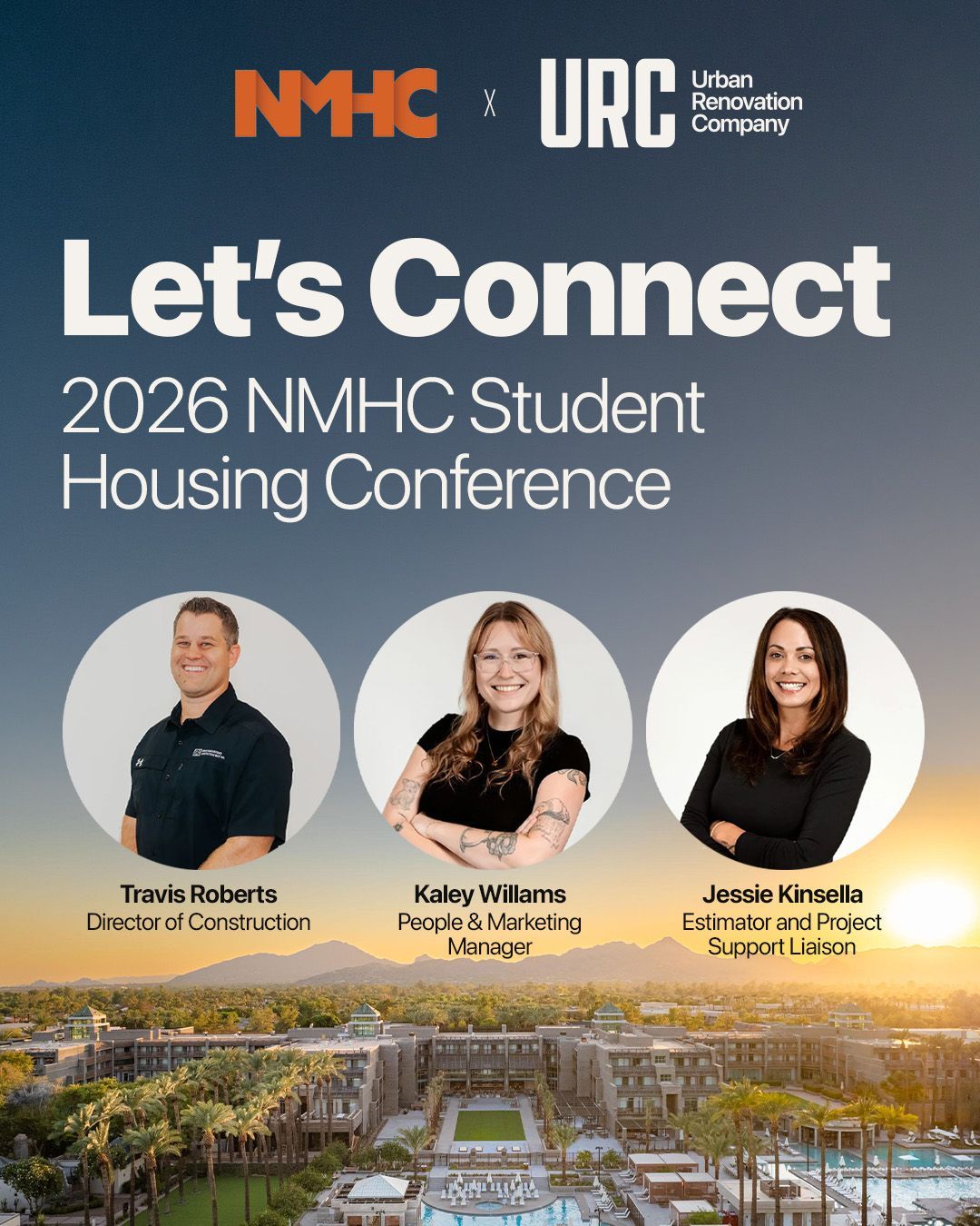 Let’s Connect 2026 NMHC Student Housing Conference poster with three speakers over a city skyline at sunset