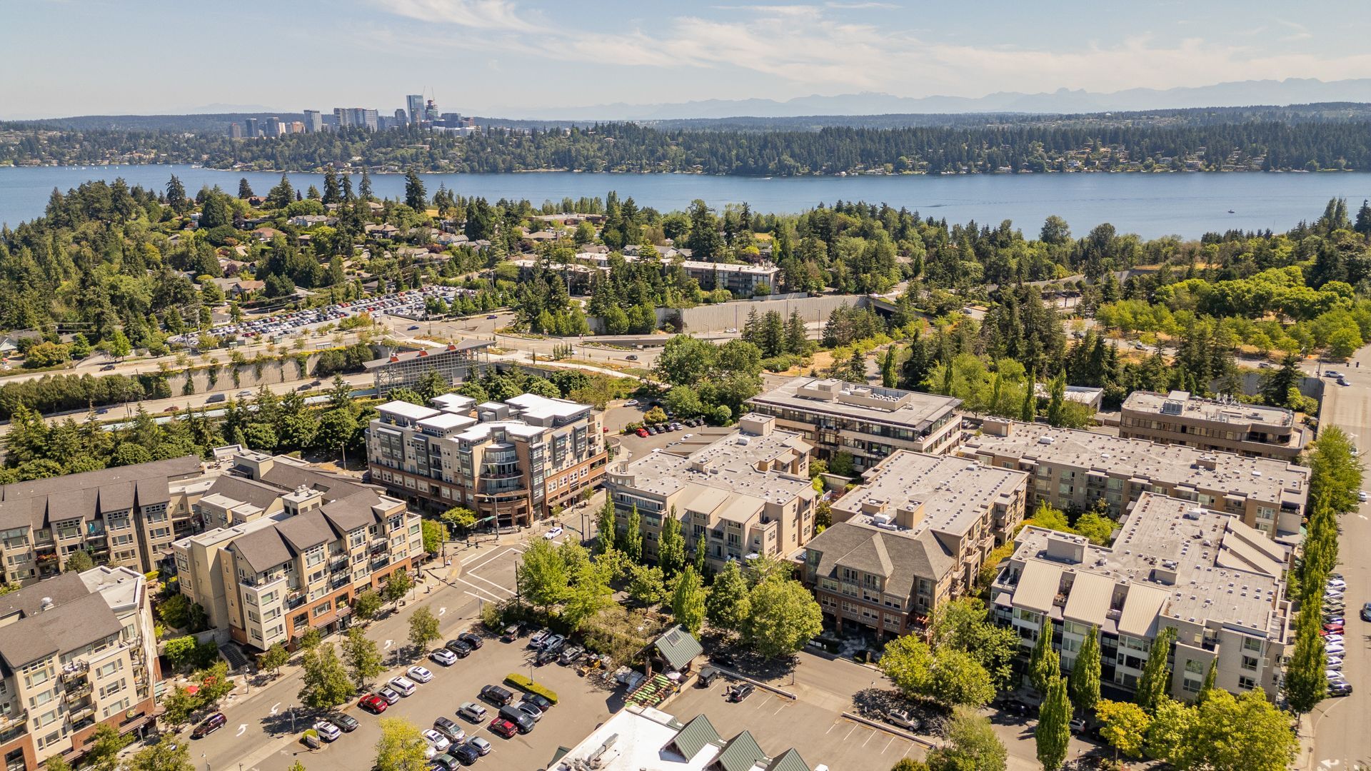 Aerial view of a lakeside apartment complex with trees, roads, and a city skyline in the distance