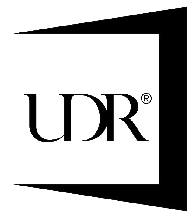 UDR logo in black and white with stylized border frame