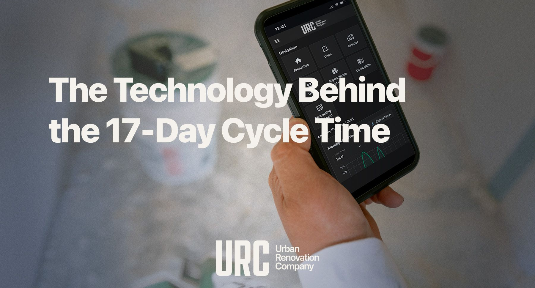 Hand holding a smartphone over a blurred work surface, with text reading “The Technology Behind the 17-Day Cycle Time.”
