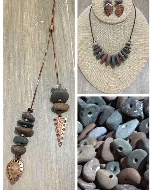 Jewelry made of stacked stones and copper: a necklace, earrings, and a pendant.