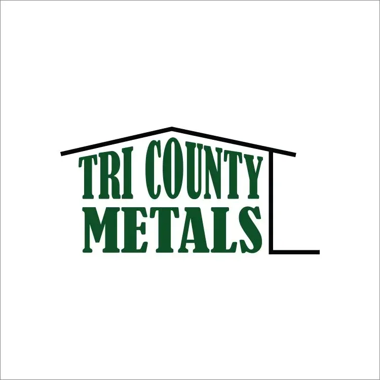 Tri County Metals logo: green text under a black roof outline;