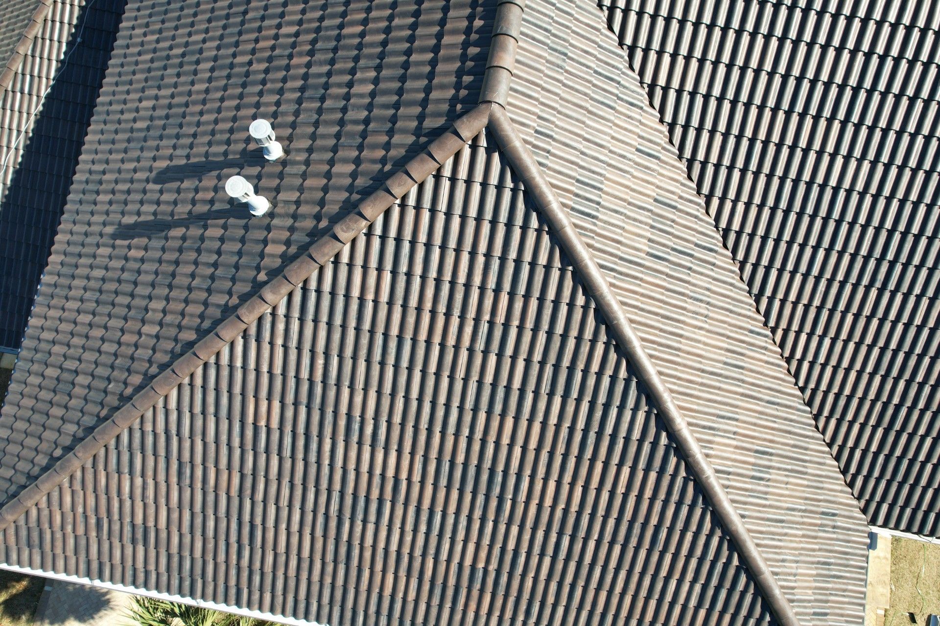 Aerial view of a dark shingled roof with a small cluster of white birds on one section.