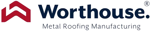 Worthouse Metal Roofing Manufacturing logo: red abstract roof icon, navy text.