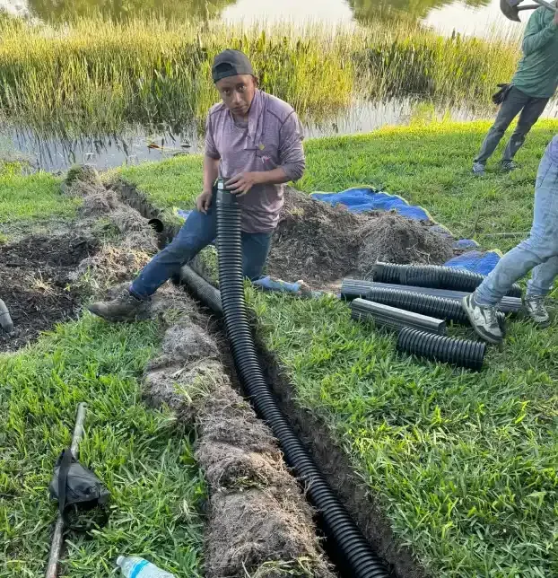 Underground stormwater drainage pipe being installed through a landscaped area in Fort Myers, FL