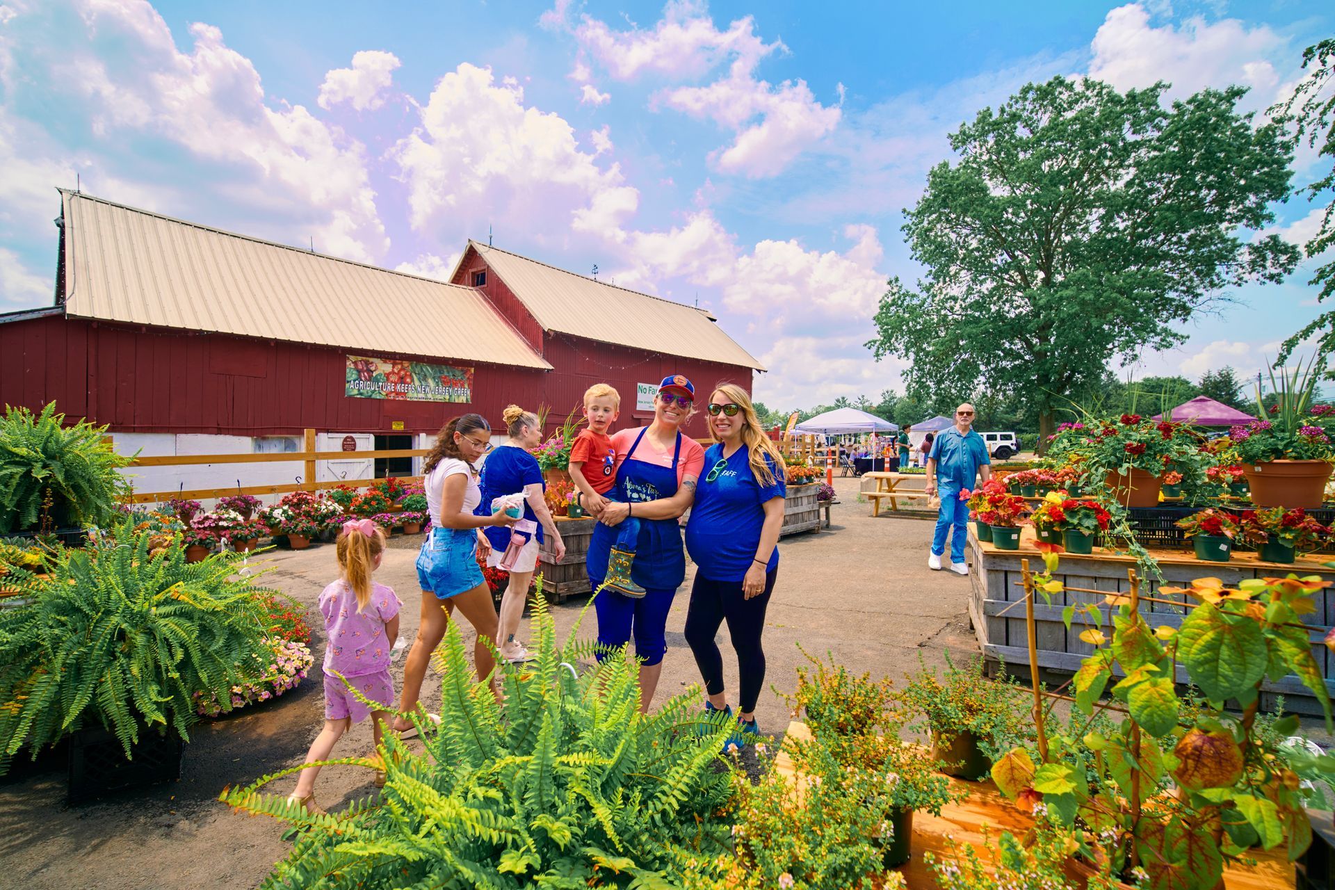 People at a plant nursery, with a red barn in the background. Sunny day with plants and flowers.
