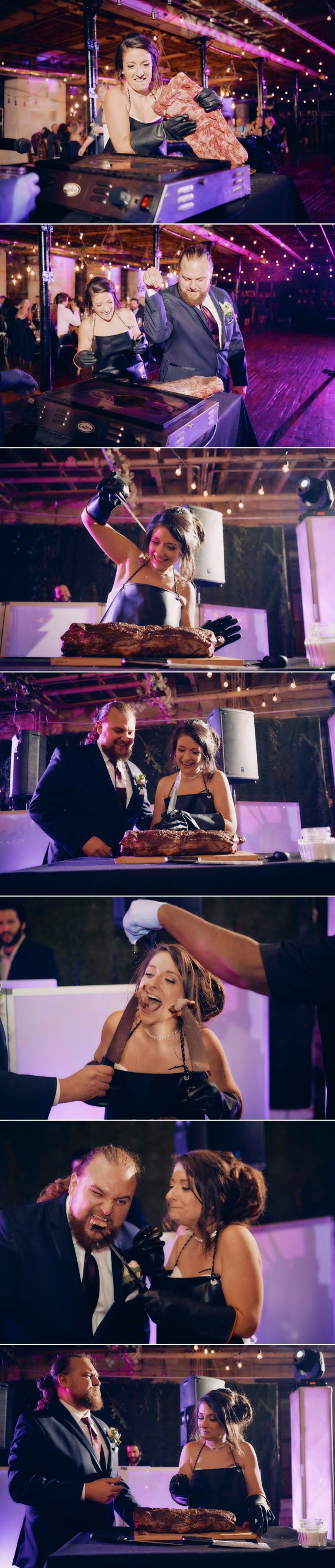 Kyle and Sam cutting their steak at a wedding taking place at The Art Factory in Paterson, NJ.