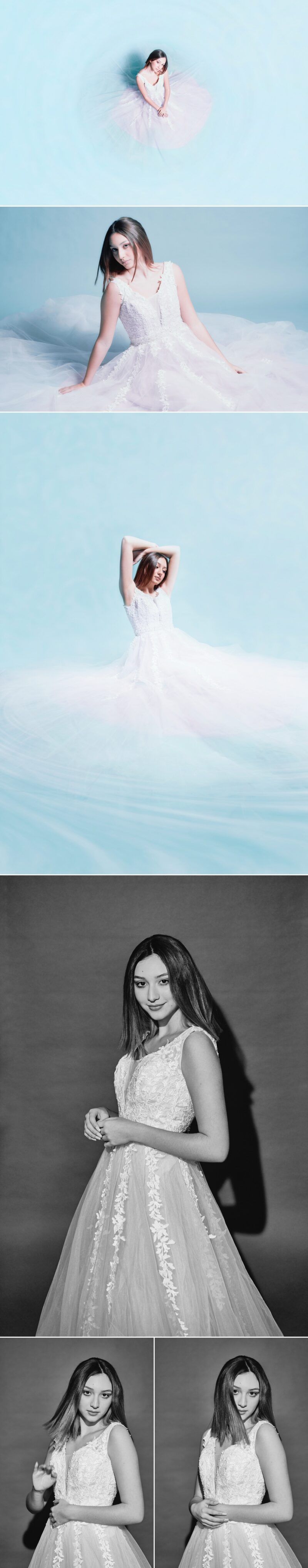 A woman in a white dress is floating in the air