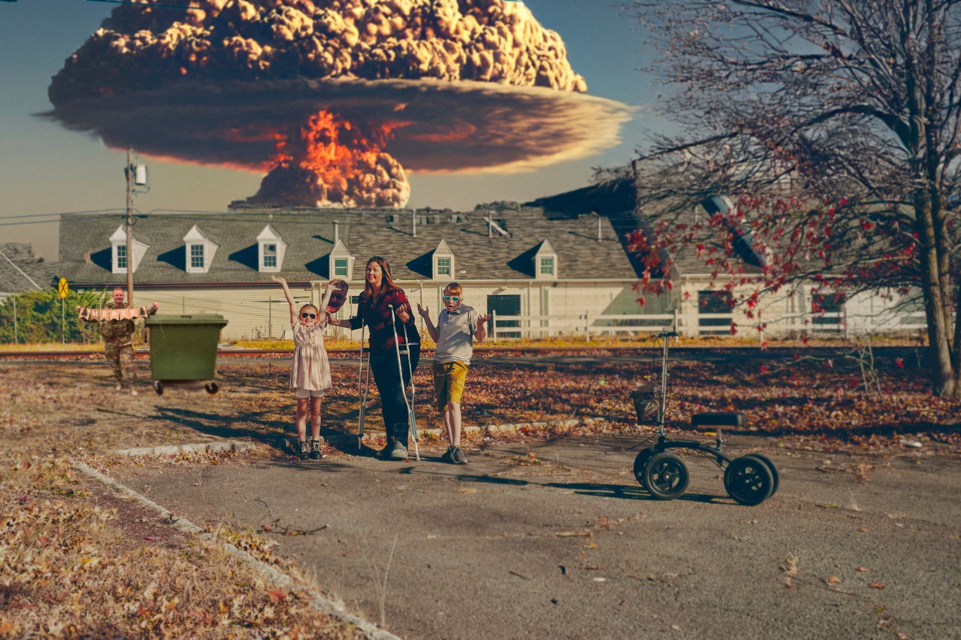 Children on a road with a nuclear explosion in the background.