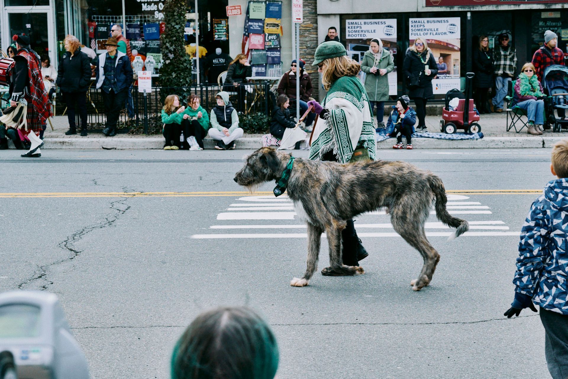 A man and a dog are walking down a street in a parade.