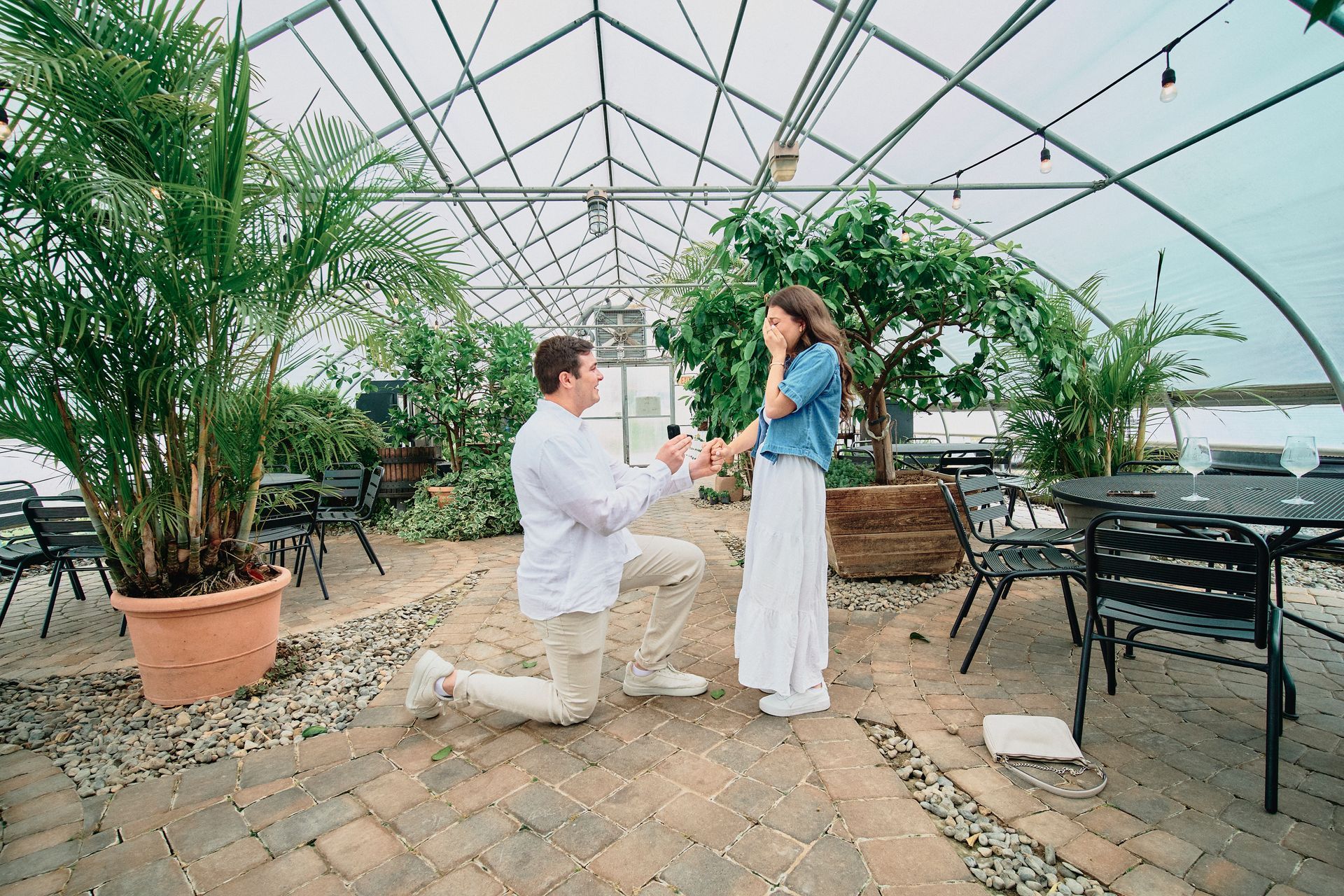 Man kneeling, proposing to woman in a greenhouse; she covers her mouth in surprise.
