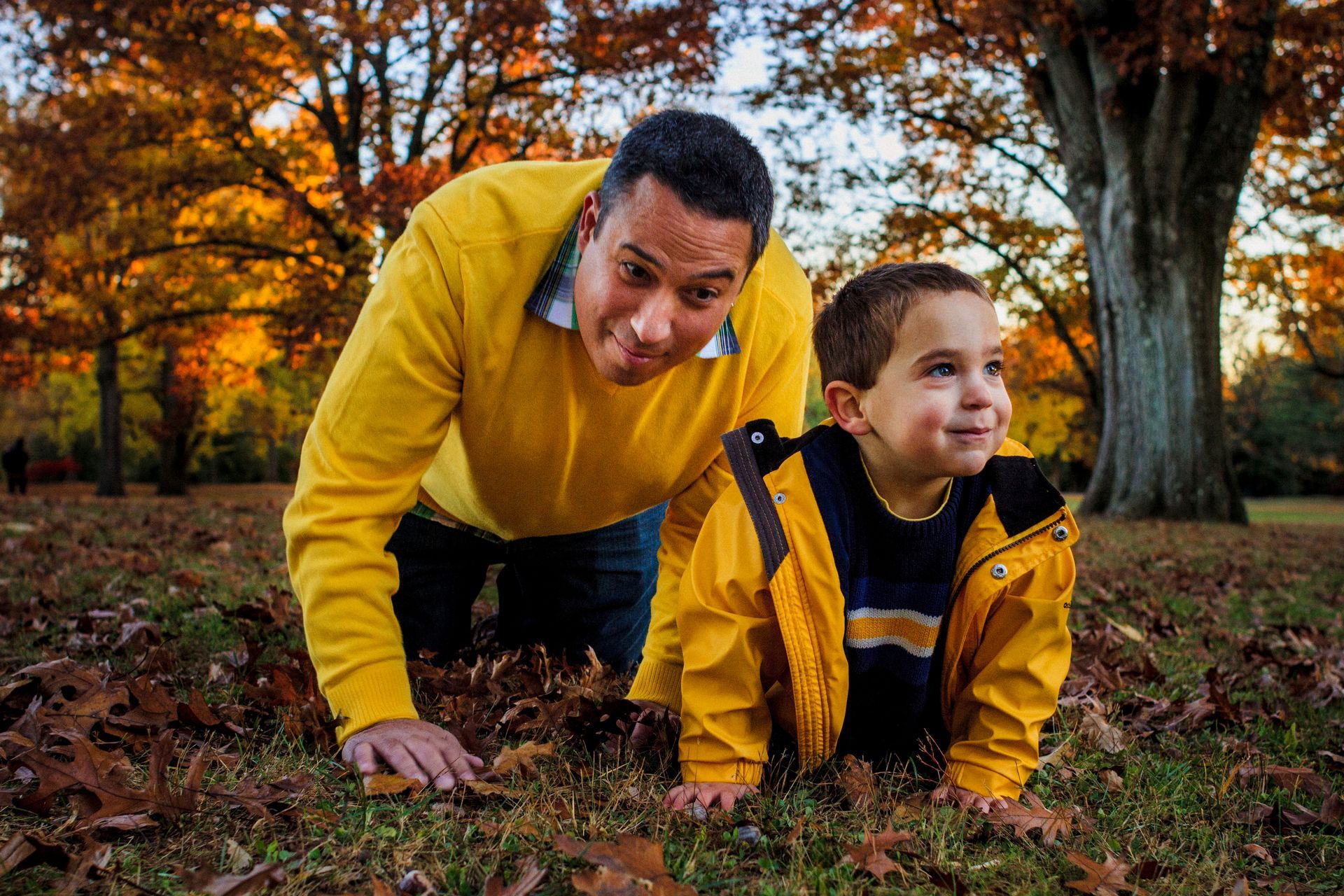 A man and a boy are playing in the leaves in a park.