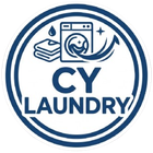 Blue circular logo for CY Laundry with washing machine, clothes, water drop, and swirl icon
