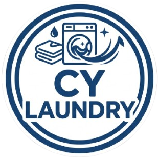 Blue circular logo for CY Laundry with washing machine, clothes, water drop, and swirl icon