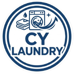 Blue circular logo for CY Laundry with washing machine, clothes, water drop, and swirl icon