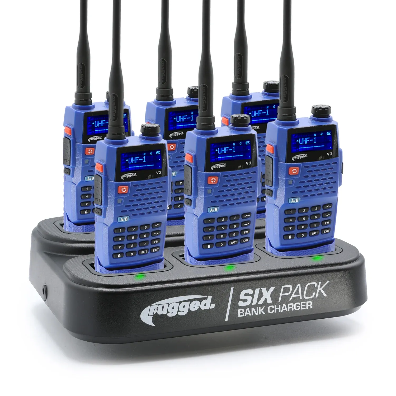 Six blue two-way radios in a charging dock, labeled