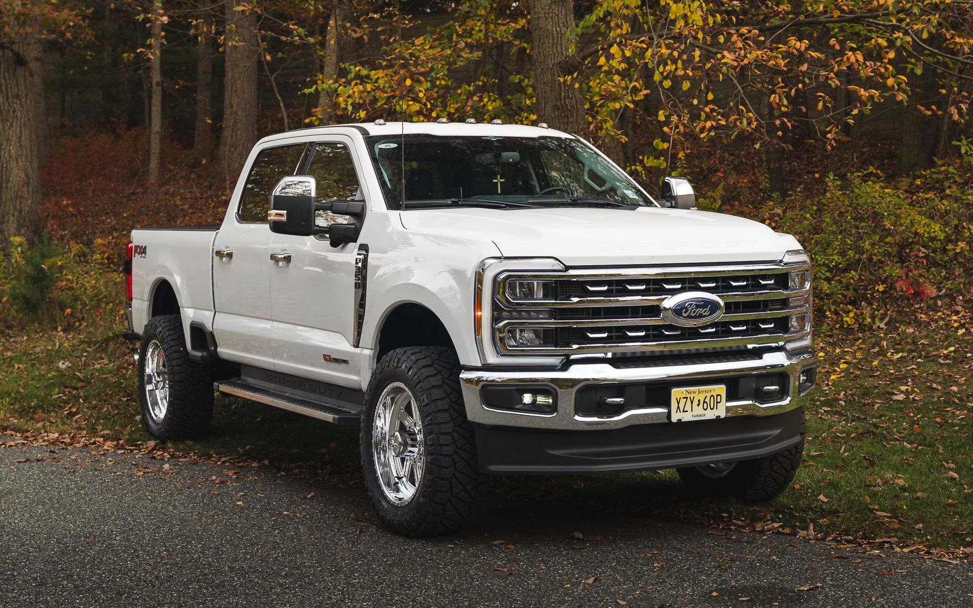 White Ford pickup truck parked on asphalt road, trees in the background.