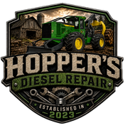 Hopper’s Diesel Repair logo with green tractor, black-and-gold badge, and barn background, established in 2025
