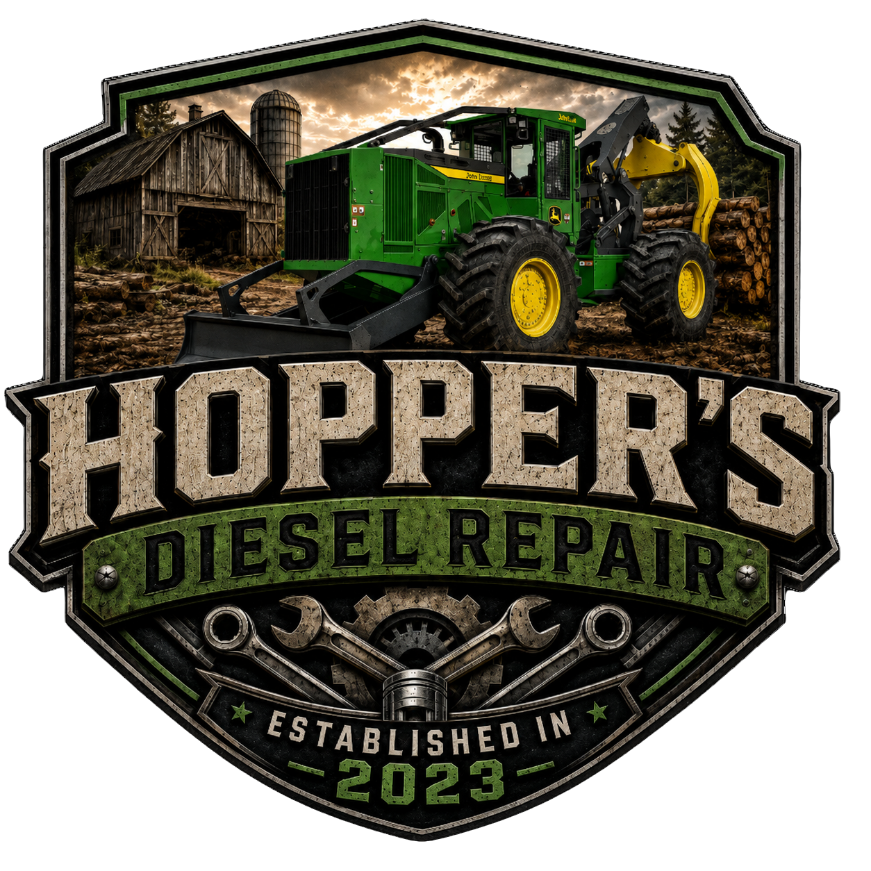 Hopper’s Diesel Repair logo with green tractor, black-and-gold badge, and barn background, established in 2025