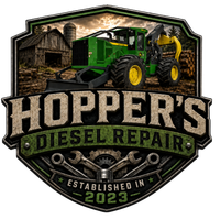 Hopper&rsquo;s Diesel Repair logo with green tractor, black-and-gold badge, and barn background, established in 2025
