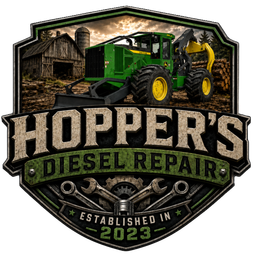 Hopper&rsquo;s Diesel Repair logo with green tractor, black-and-gold badge, and barn background, established in 2025