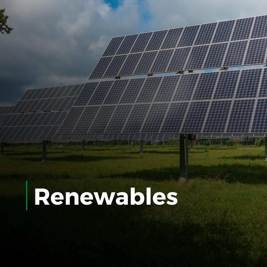 Solar panels in a green field under a cloudy sky, with the word “Renewables” at bottom left
