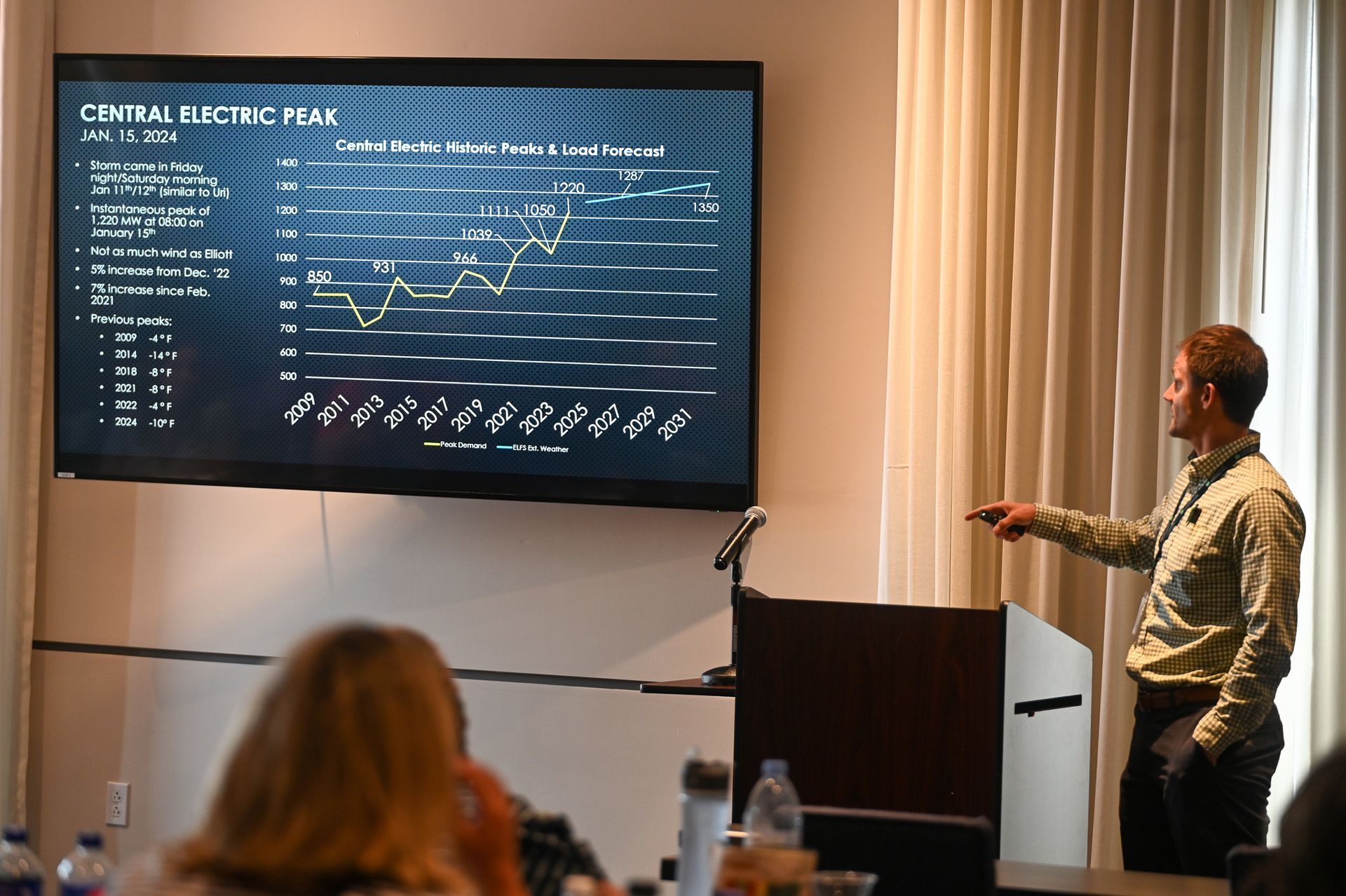 Presenter points at a slide during a conference talk in a room with curtains and audience seating.