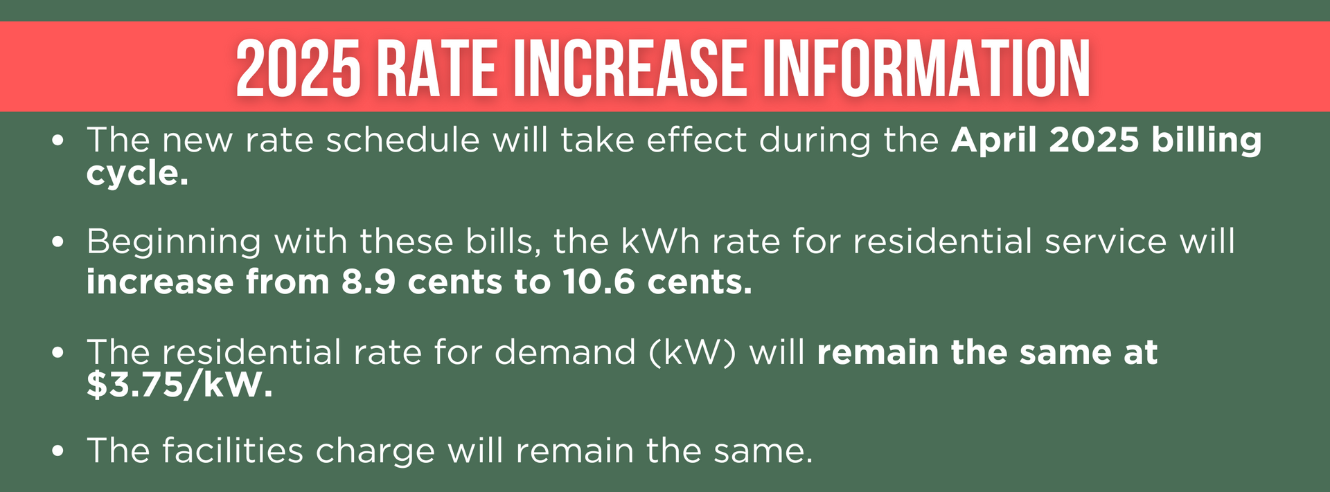 2025 rate increase info: new billing rates, 8.9¢ and 10.6¢/unit, plus $3.75/kW demand rate.