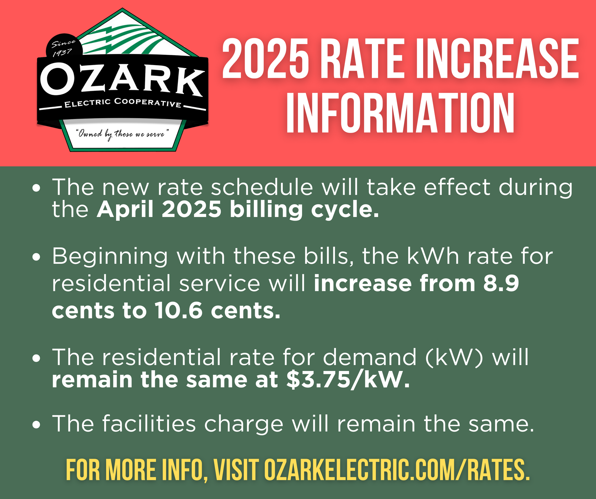 Ozark 2025 rate increase notice with green background and billing details.