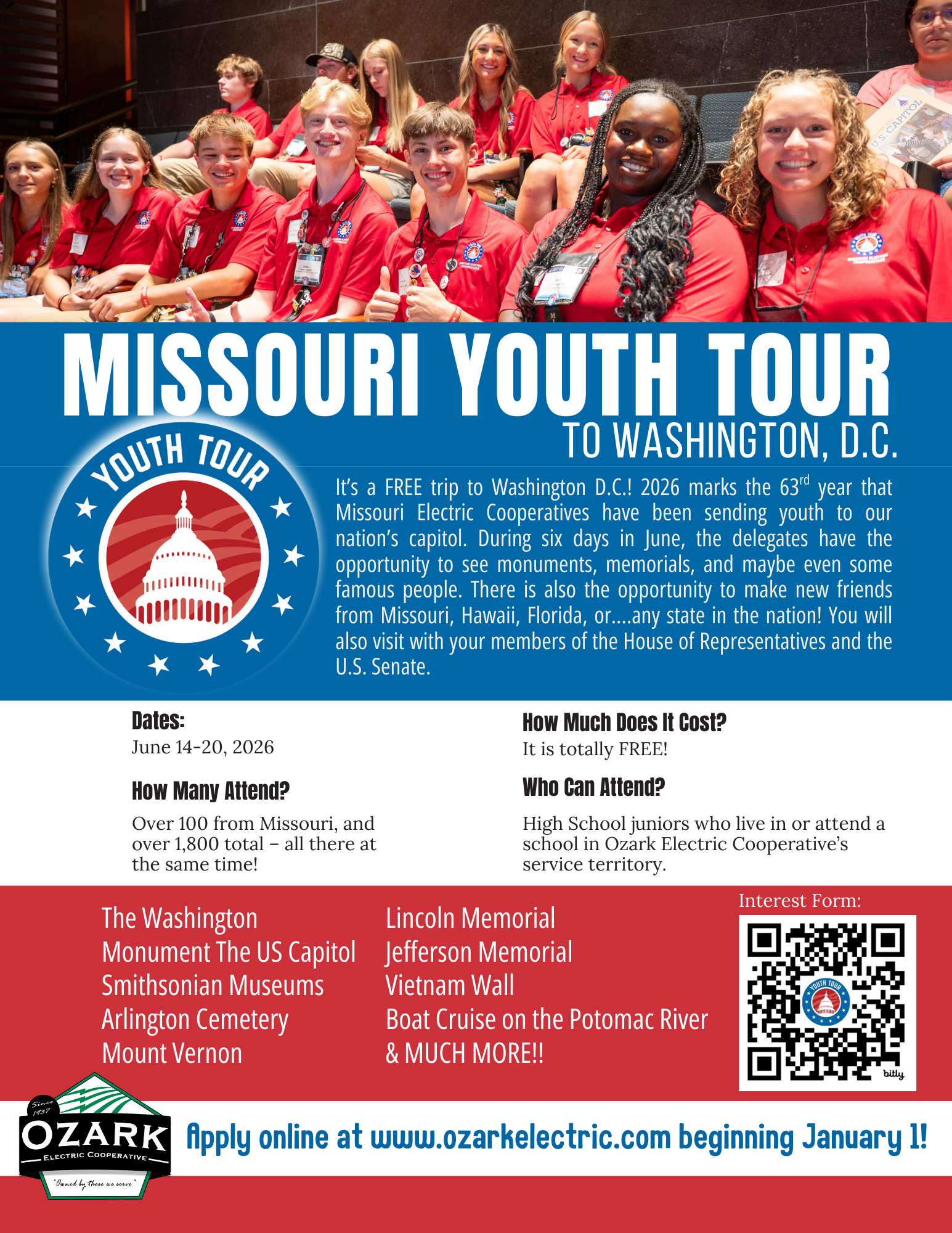 Missouri Youth Tour to Washington, DC flyer with group photo, schedule details, and QR code