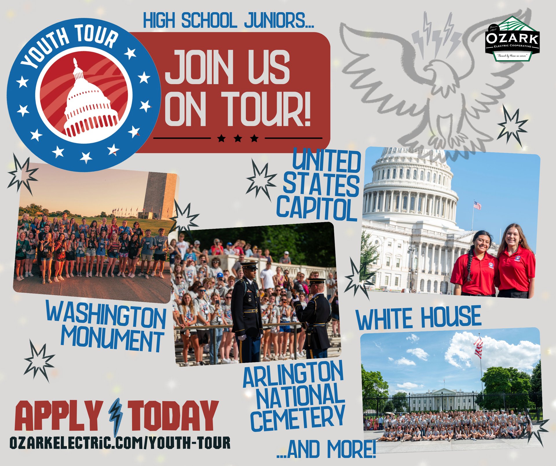 Flyer for high school juniors tour: Washington Monument, U.S. Capitol, White House, Arlington National Cemetery.